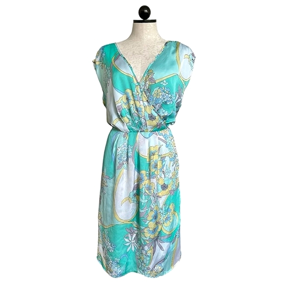 Jennifer Lopez JLO Surplice Faux Wrap Floral Dress Aqua Sleeveless  Size 1X - Picture 11 of 11